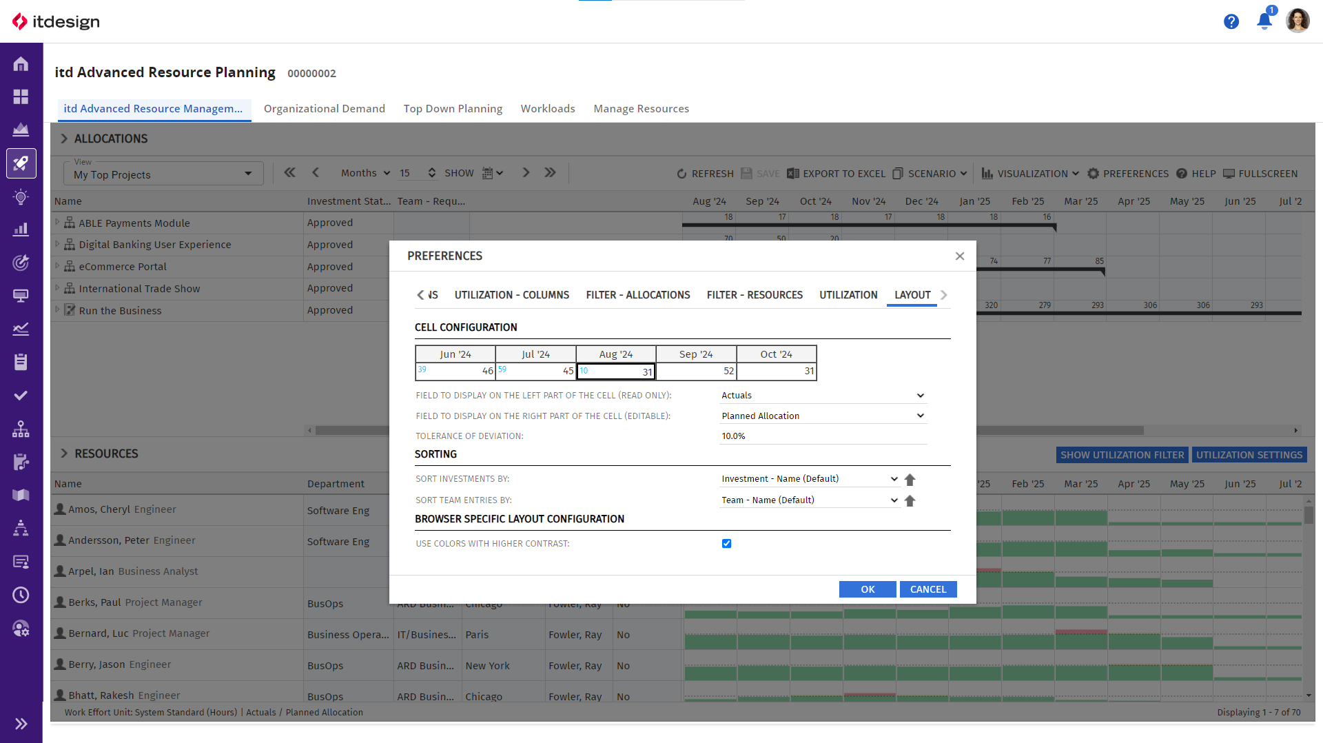 itd Advanced Resource Planning Release 12.0.0: Ein Farbschema mit hohem Kontrast kann bei Bedarf aktiviert werden.