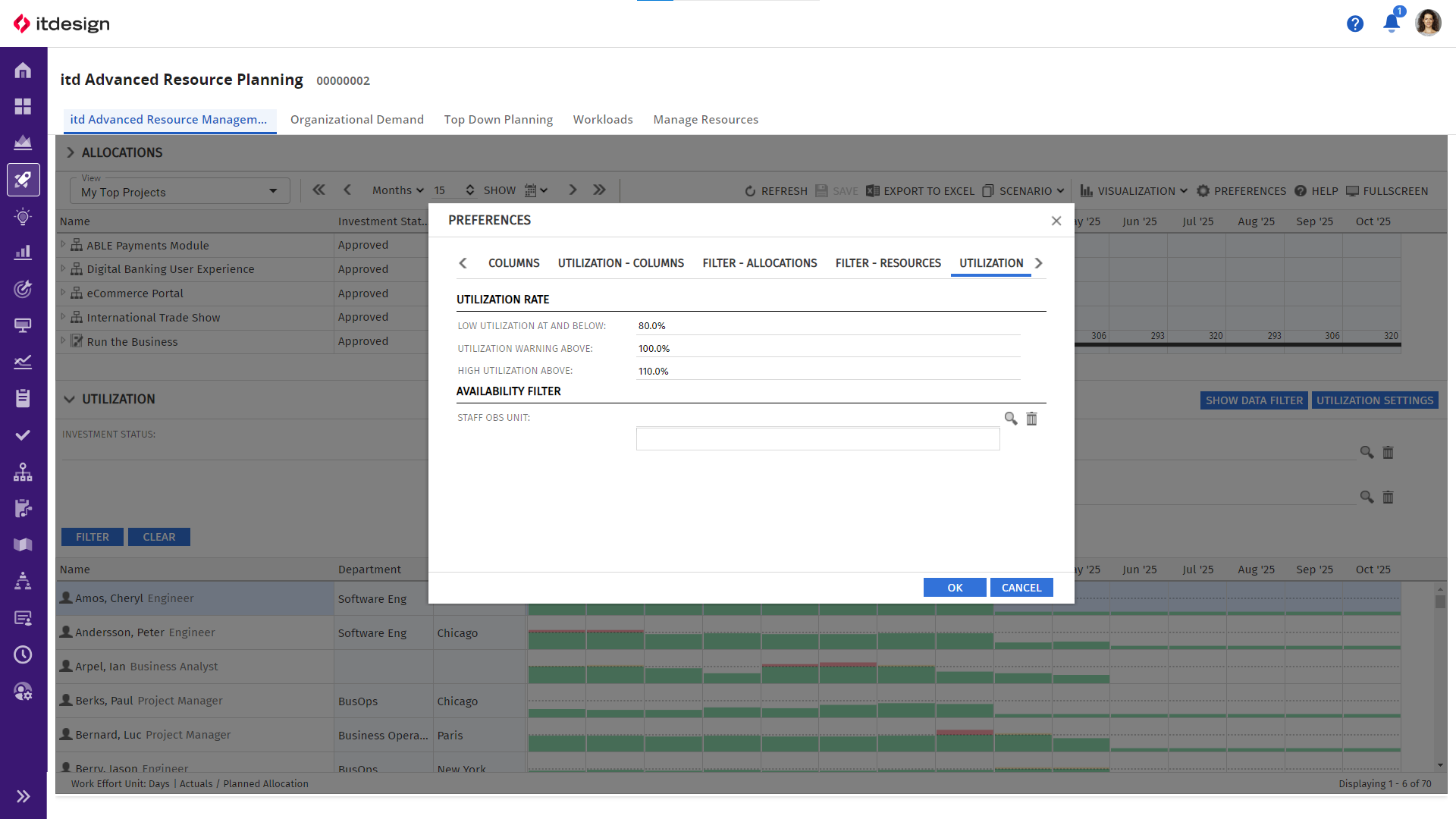 itd Advanced Resource Planning Release 12.0.0: Nach der Mitarbeiter-OSP-Einheit kann zusätzlich auch über die Registerkarte gefiltert werden.