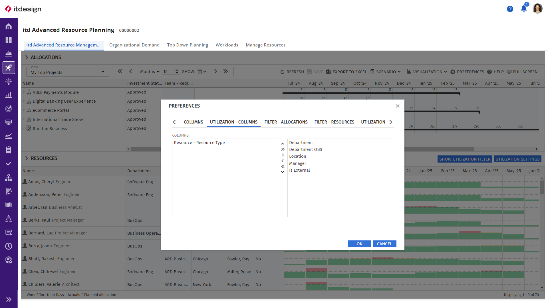itd Advanced Resource Planning Release 12.0.0: Weitere Auslastungsspalten können bequem von links nach rechts ergänzt werden.