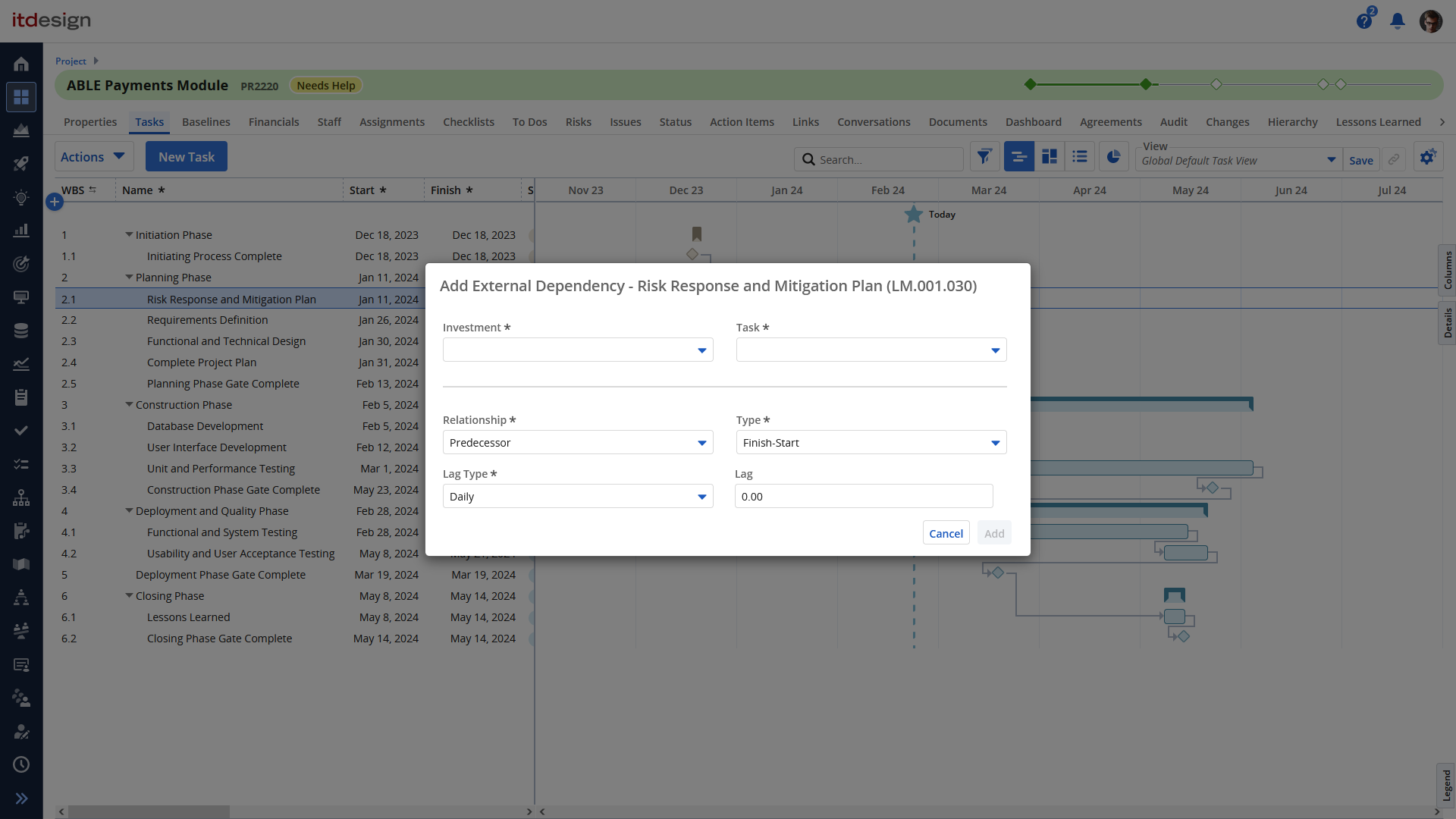 External dependencies between tasks
