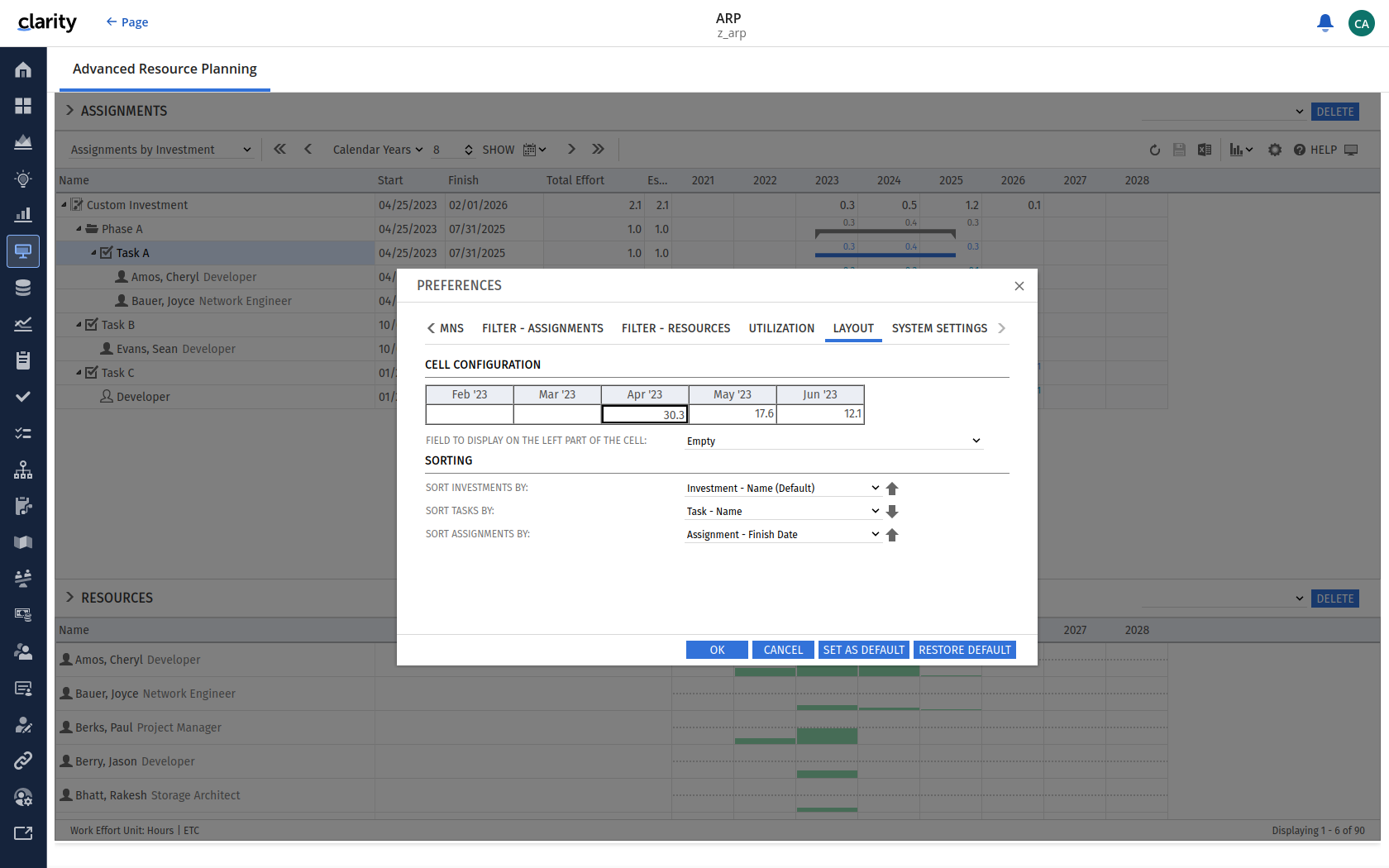 itd Advanced Resource Planning Release 10.0.0: Sortierungsmöglichkeiten für Aufgaben, Teameinträge, Phasen und Zuweisungen