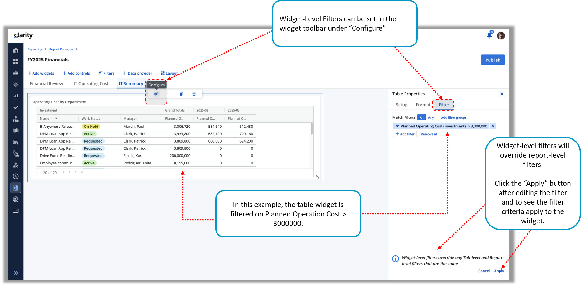 Clarity 16.3.1: Report-Designer mit Filtermöglichkeiten auf Widget-Ebene