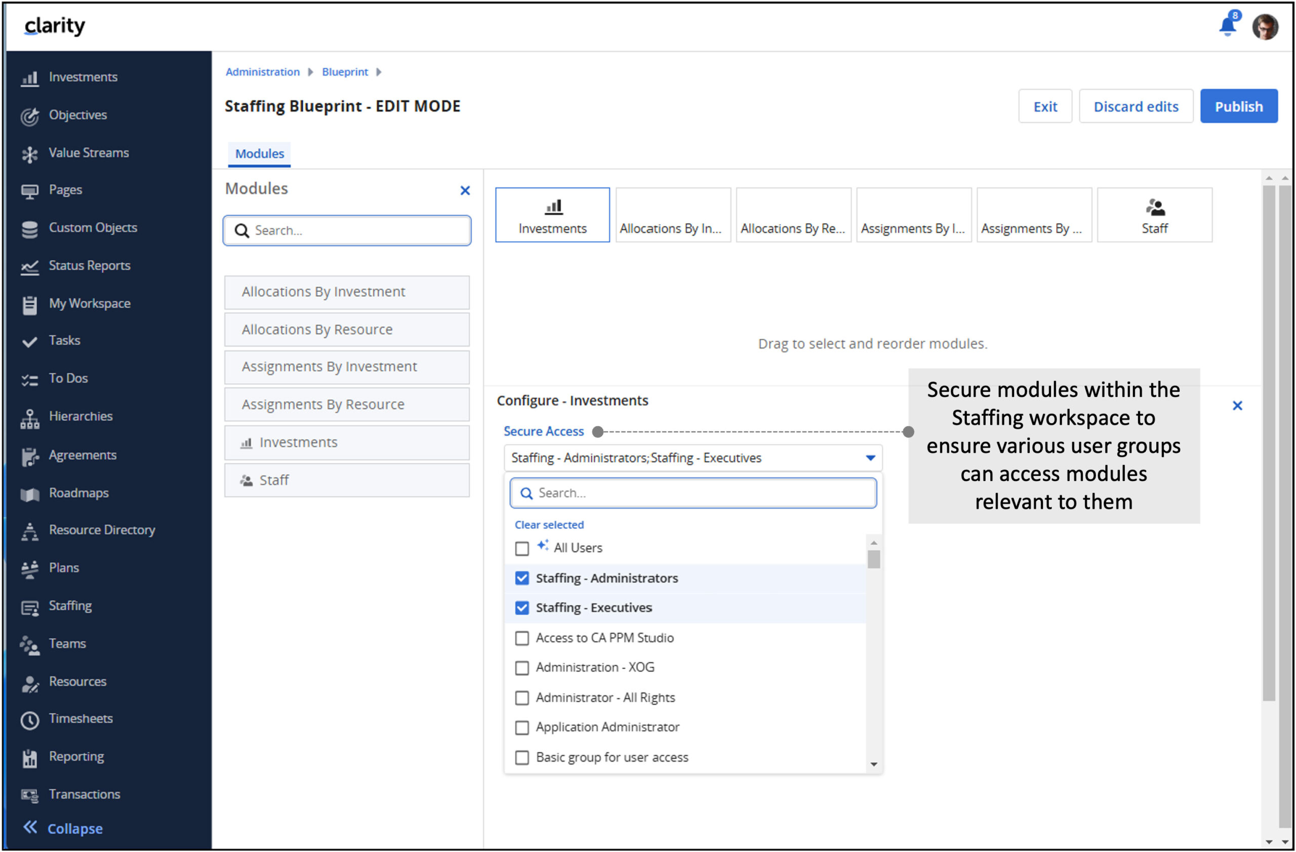 Clarity 16.3.1: Ansichten im Staffing-Modul zielgruppenbasiert über Blueprint einschränken