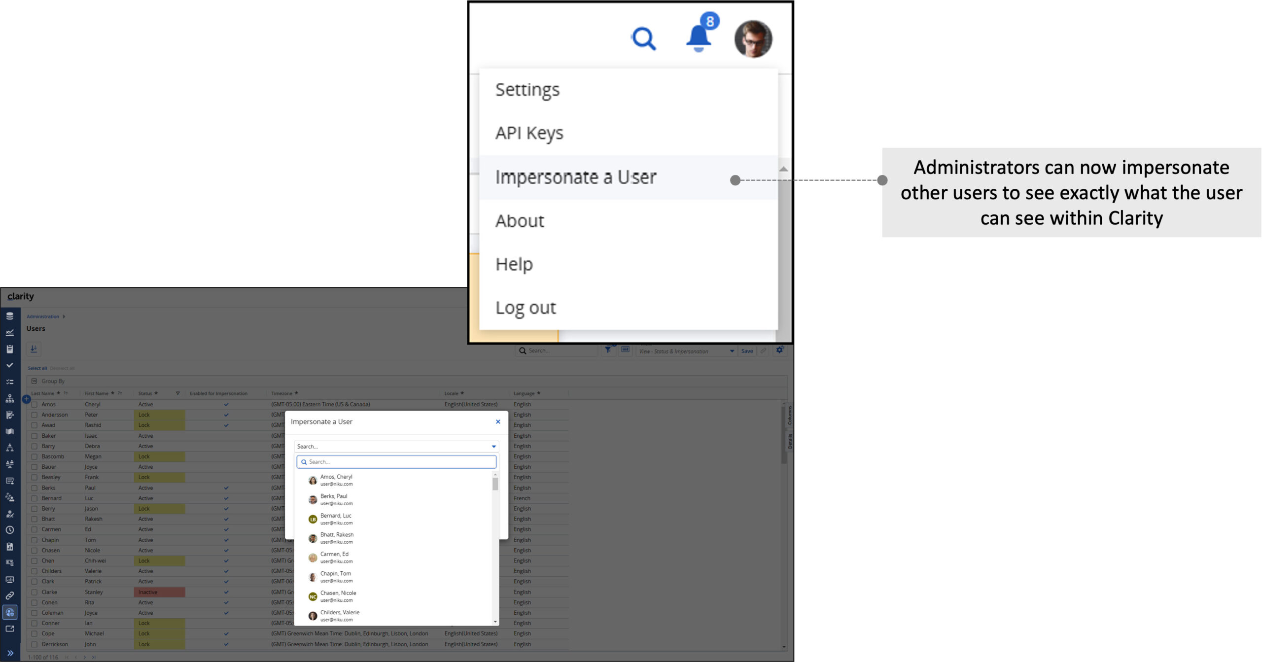 Clarity 16.3.1: Imitieren eines bestimmten Users
