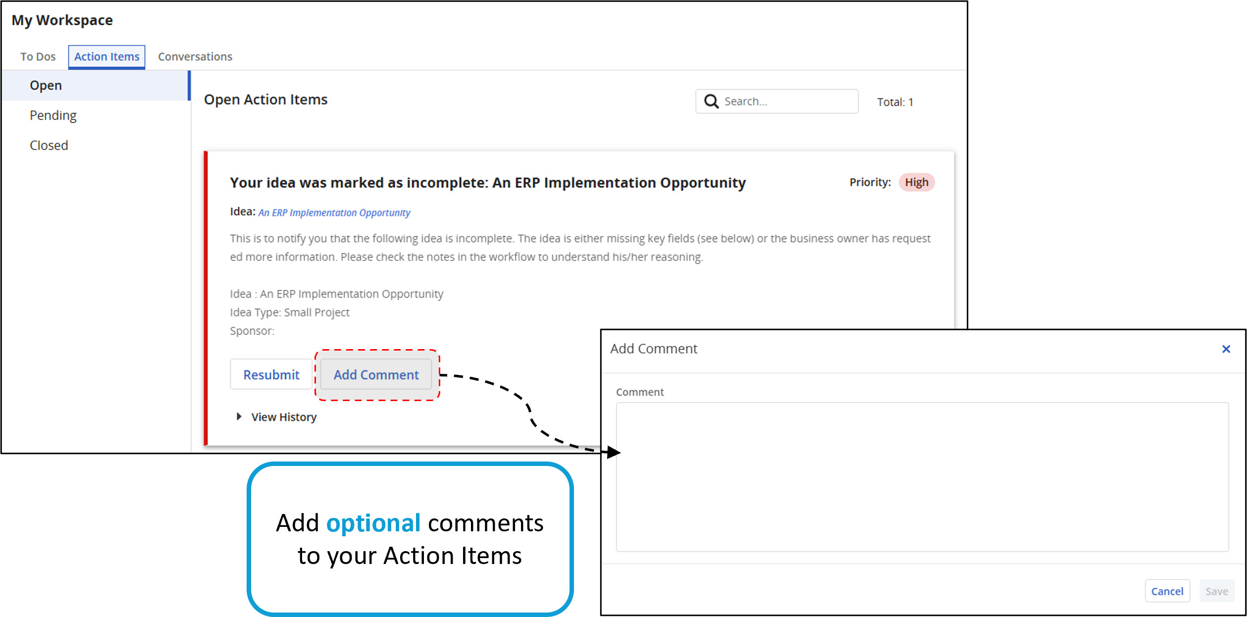 Clarity 16.4.0 erlaubt das optionale Hinzufügen von Kommentaren zu Action Items