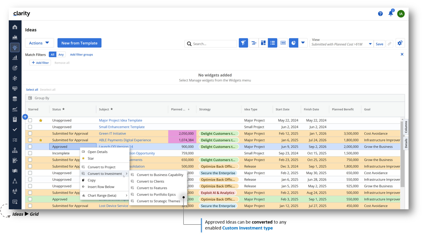 You can convert an approved Idea to a Custom Investment via the action framework (not process).