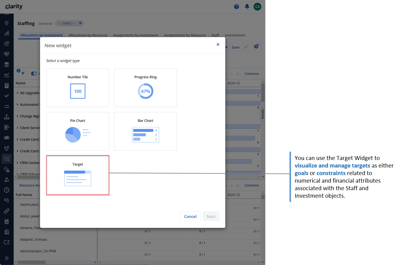 Target Widgets can be used to visualize and manage specific targets as either goals or constraints for attributes (e.g., Allocation) in a scenario.