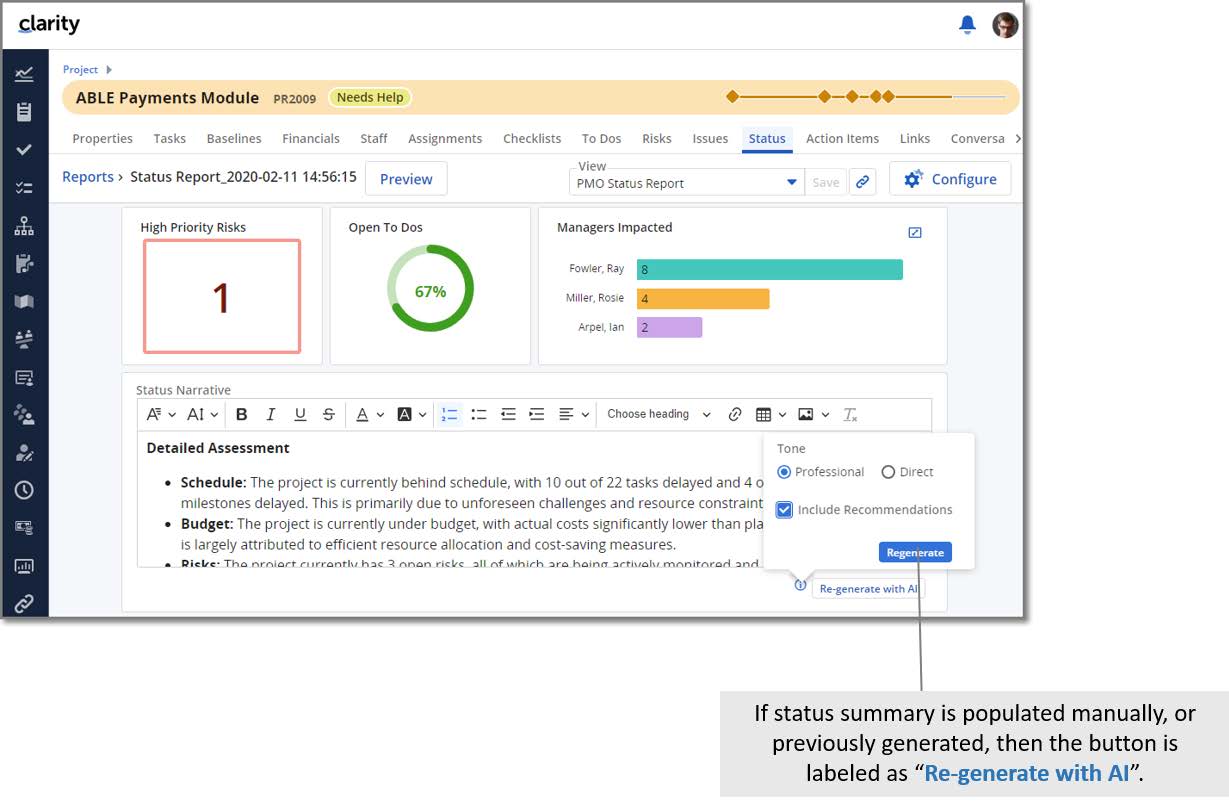 Clarity Release 16.2.1: Projektstatusreports mithilfe von AI zusammenfassen