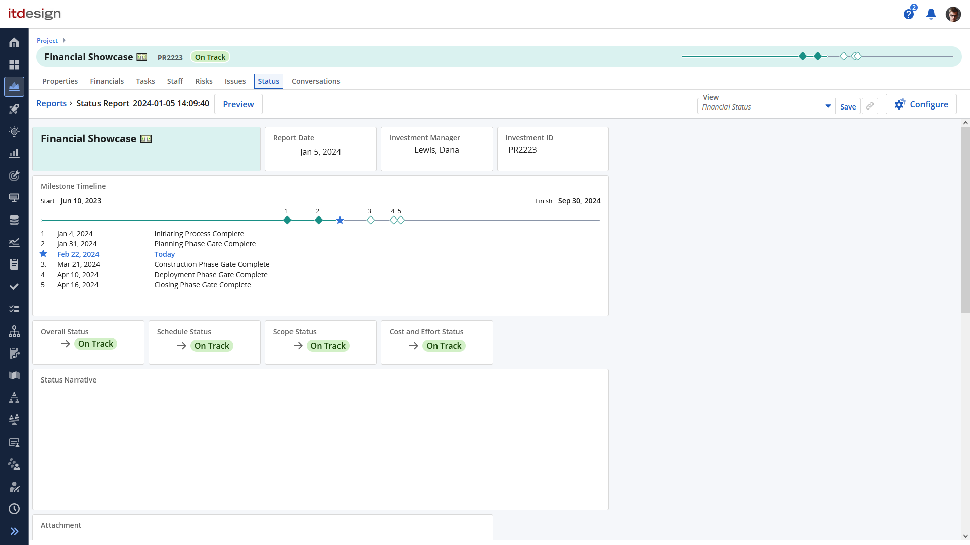Clarity Release 16.2.1: Konfiguration von Name und Datum in der Meilenstein-Timeline des Statusberichts