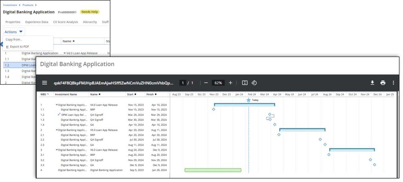 Clarity Release 16.2.1: PDF-Export von Aufgaben-Zeitleisten einer benutzerdefinierten Investition