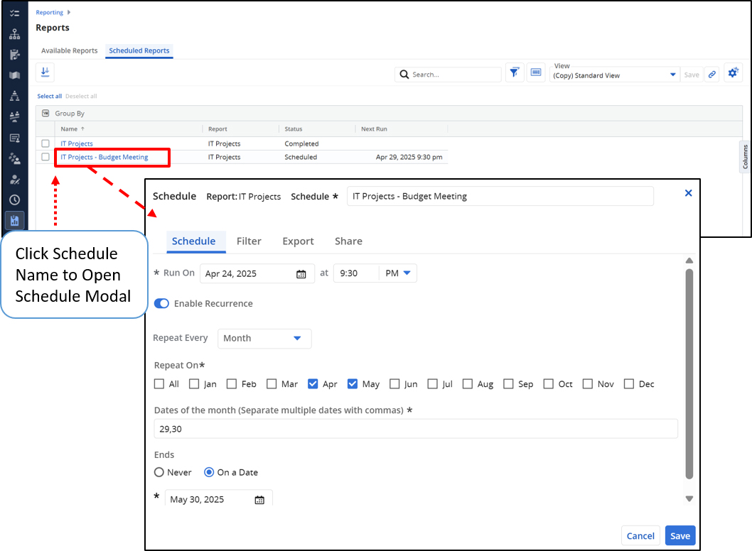 Clarity Release 16.3.2: Terminieren von Berichten