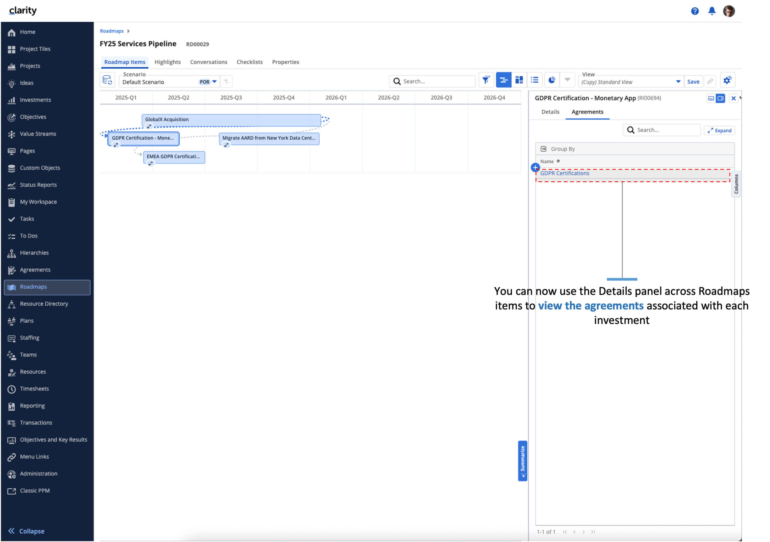 Clarity Release 16.3.2: Vereinbarungen im Details-Flyout der Roadmaps