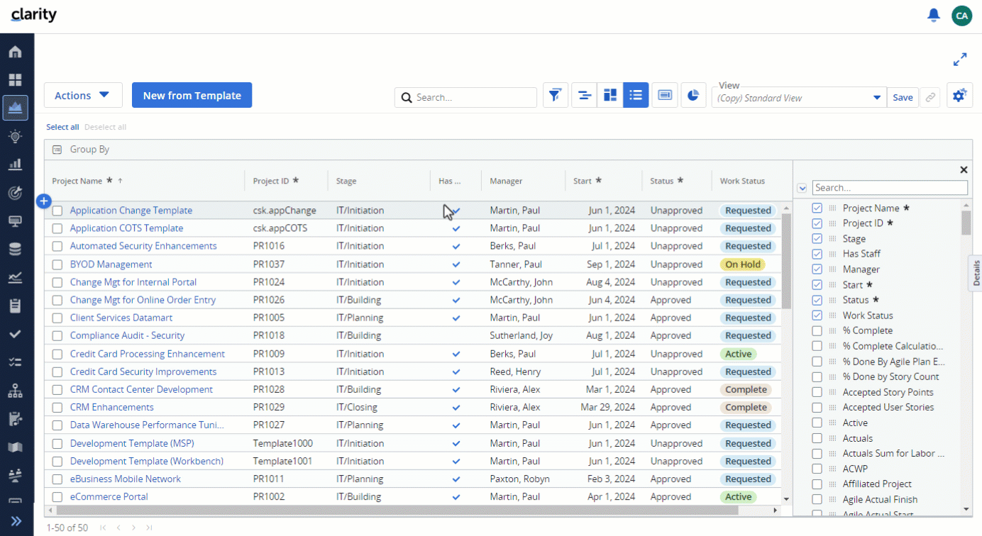 Clarity Release 16.2.3: Entfernen einer Spalte aus dem Raster per Drag & Drop