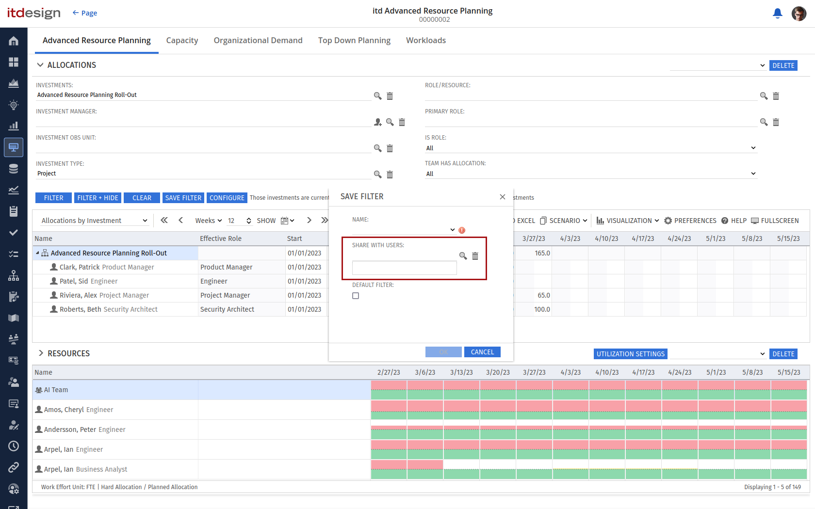 itd Advanced Resource Planning Release 9.4.0: Filter beim Speichern mit anderen User*innen teilen und gemeinsam nutzen