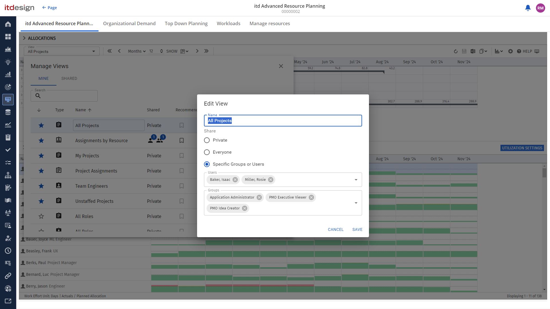 itd Advanced Resource Planning 11.0.0: Ansichten privat nutzen oder mit anderen teilen