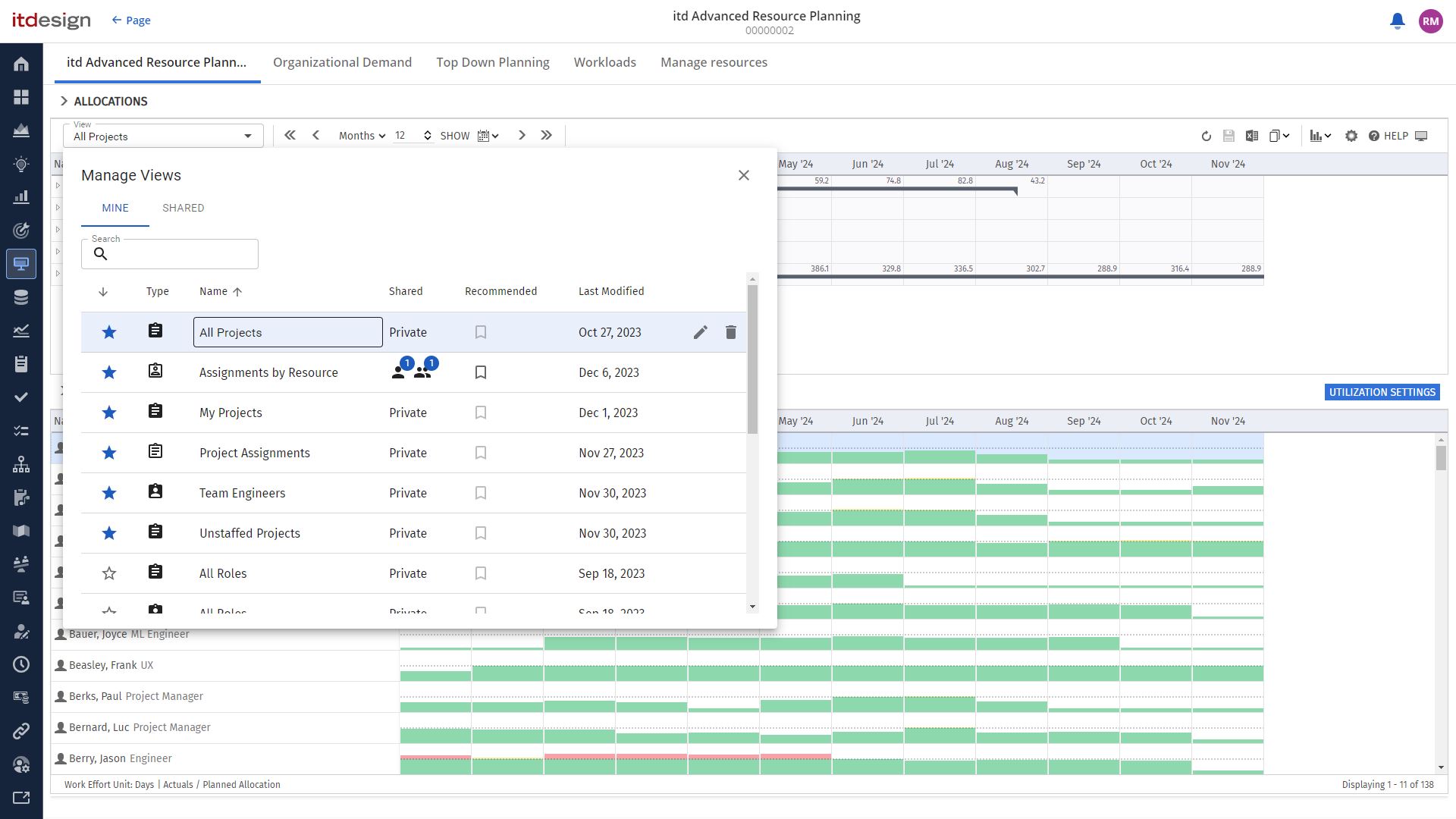 itd Advanced Resource Planning 11.0.0: Ansichten verwalten, favorisieren oder editieren