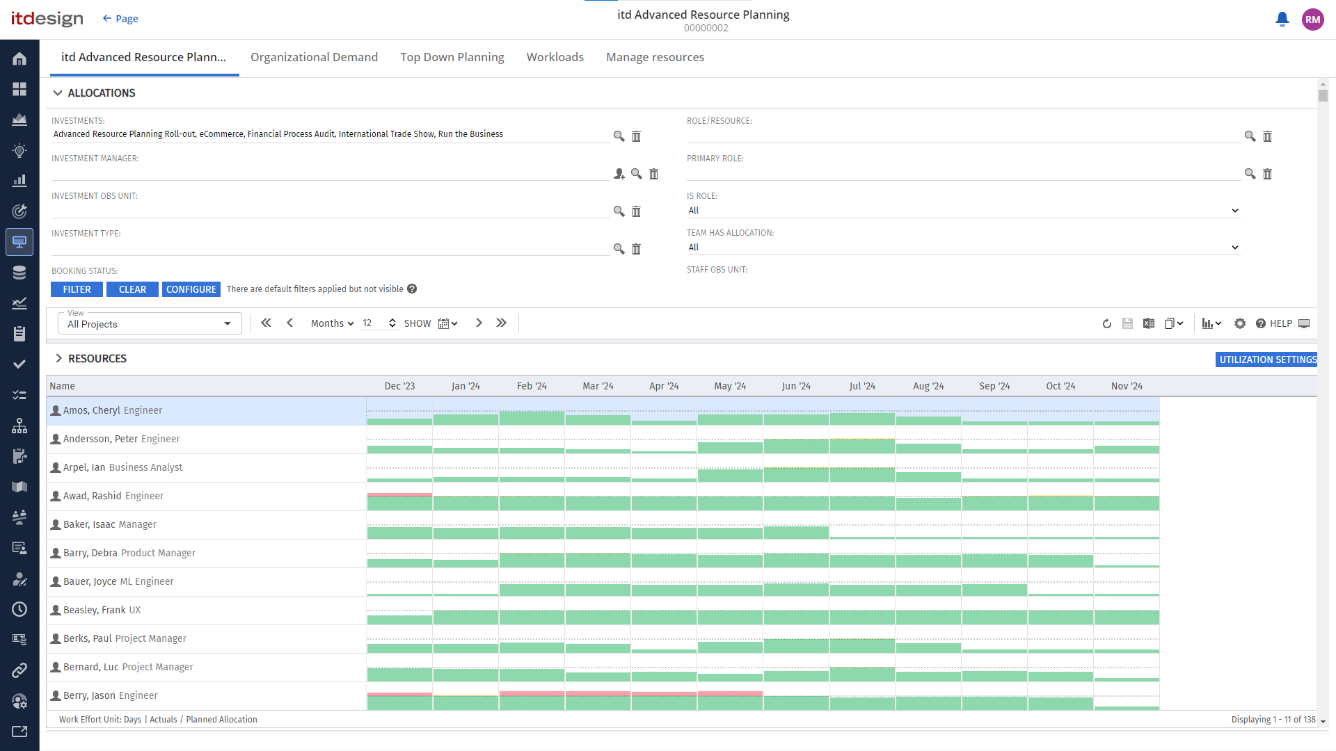 itd Advanced Resource Planning 11.0.0: Über den Button-Filter wird der Abschnitt nun direkt miteingeklappt