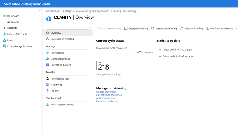 Starten Sie in Ihrem Identity Provider (hier: Azure AD) die Übertragung von Benutzerkonten nach Clarity.