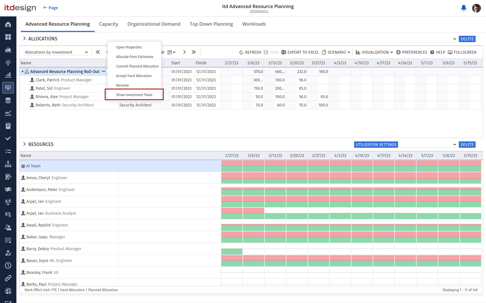 itd Advanced Resource Planning Release 9.4.0: Option "Investment-Team anzeigen" im globalen, investitionsübergreifenden Modus
