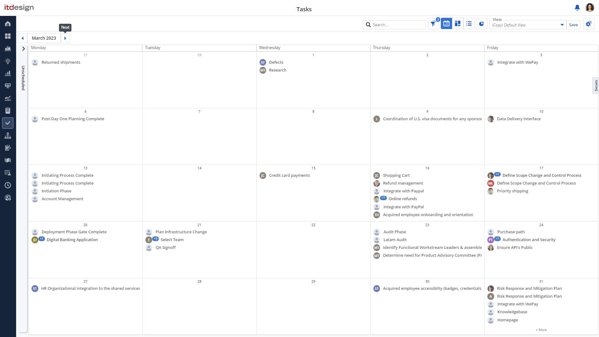 Die anstehenden Tasks des Projektteams überblicken Sie in der Monatsansicht.