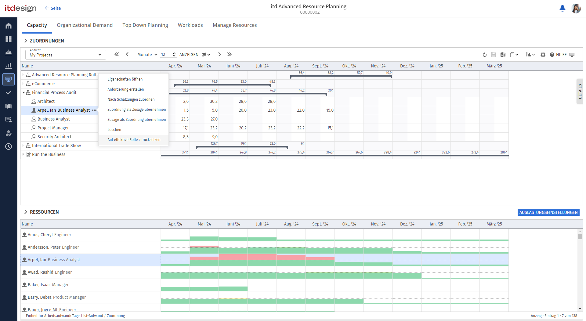itd Advanced Resource Planning Release 11.1.0: Effektive Rolle über Kontextmenü wiederherstellen