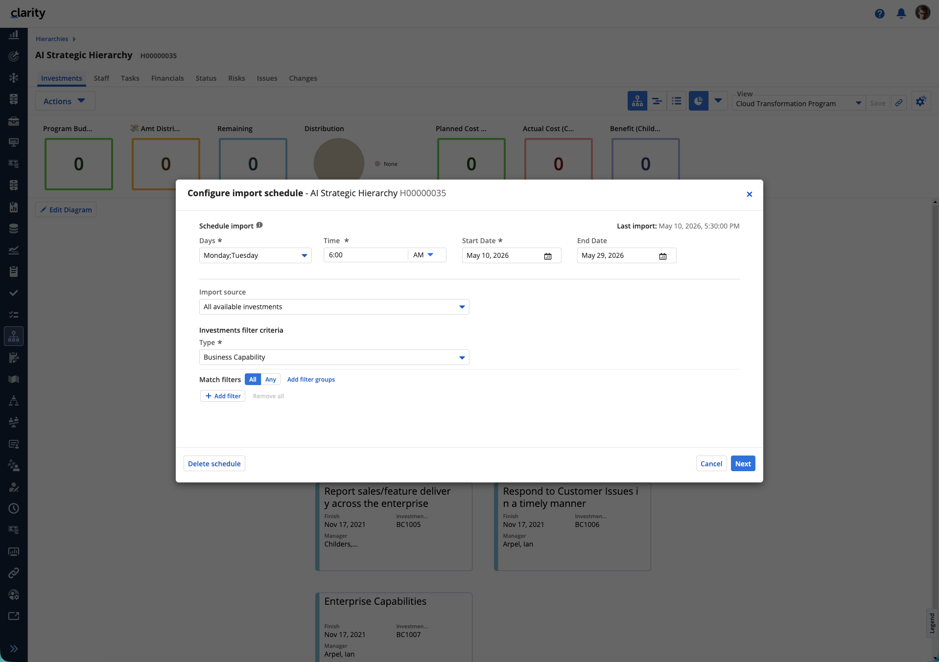 16.4.2 Clarity Release | Neuerungen aus der Customer Voice, Automatisierte Hierarchie-Updates durch geplante Investment-Importe