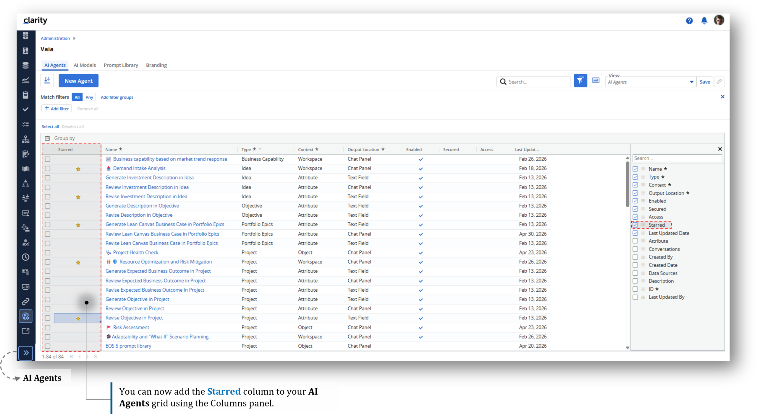 16.4.2 Clarity Release | Neuerungen aus der Customer Voice, Bevorzugte KI‑Agenten mit Stern kennzeichnen