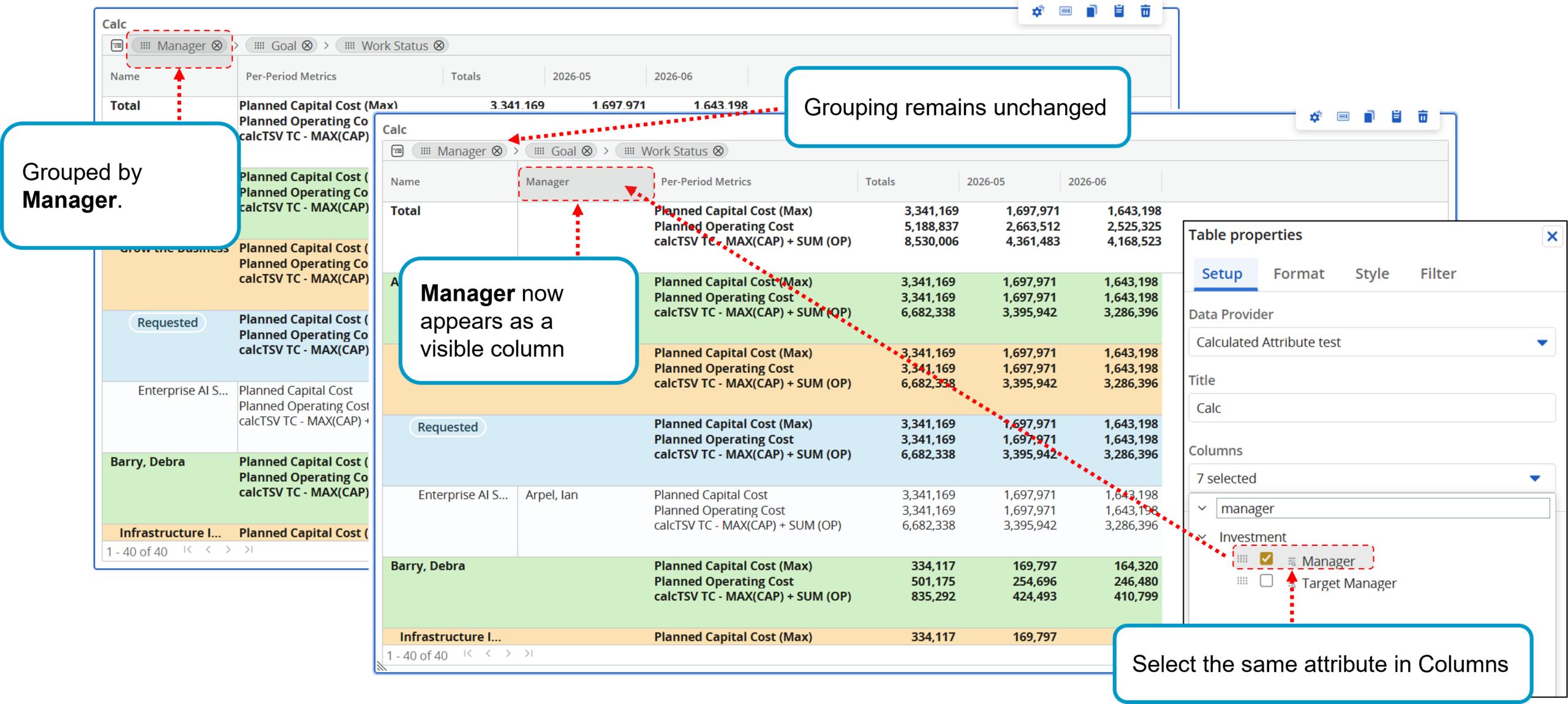16.4.2 Clarity Release | Reports, Anzeige gruppierter Attribute in Spalten