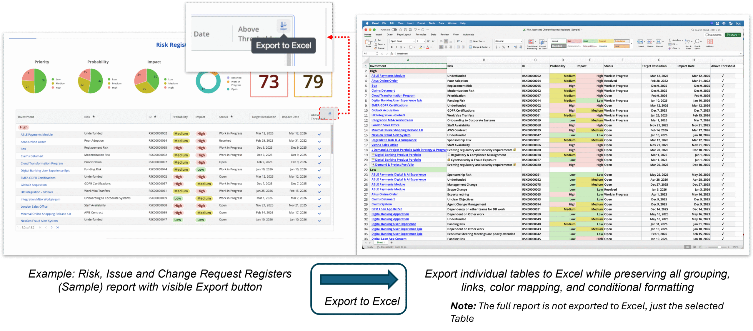 16.4.2 Clarity Release | Reports, Einzelne Report‑Tabellen nach Excel exportieren