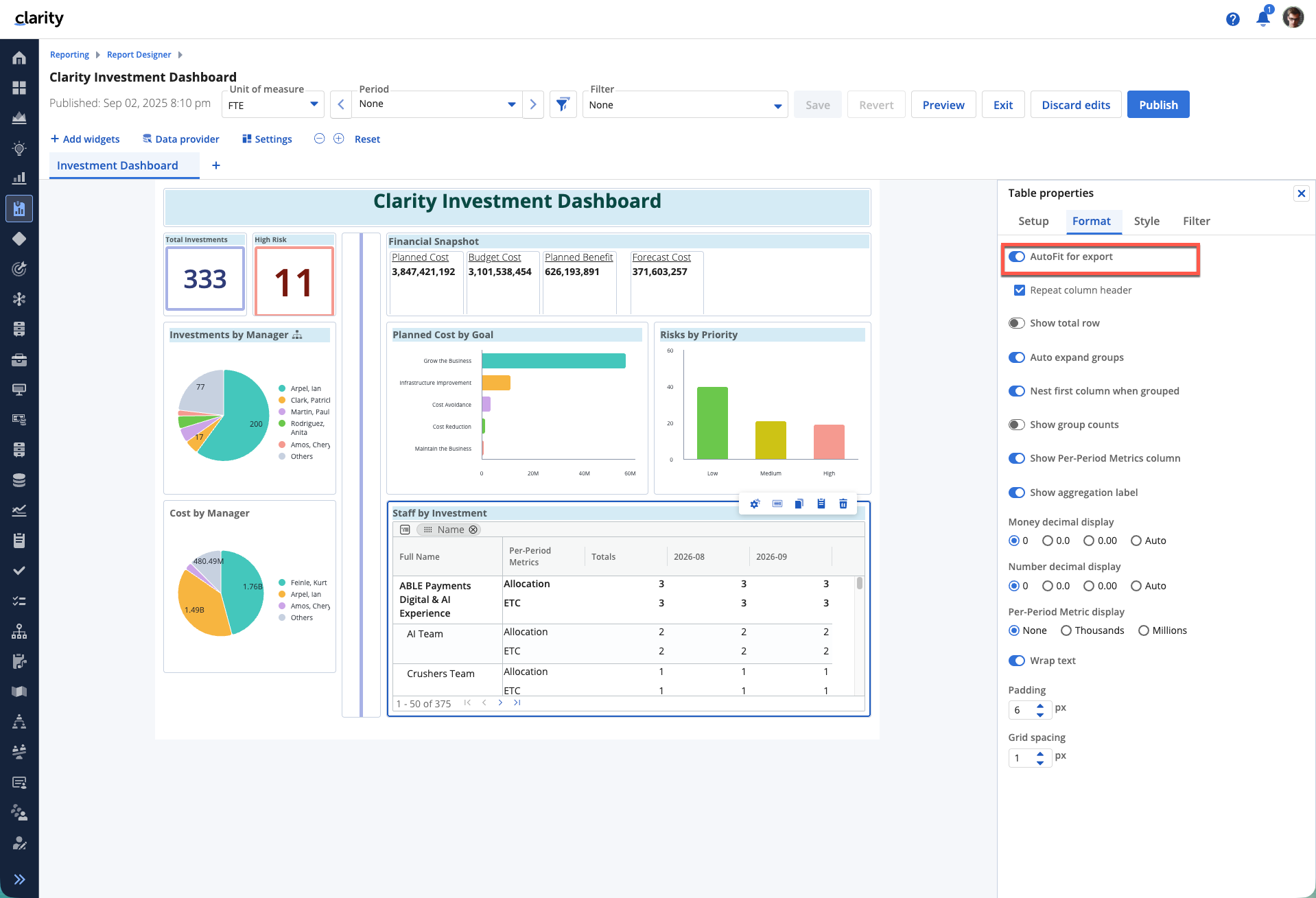 Clarity Release 16.4.3 | Tabellen für den Export automatisch anpassen