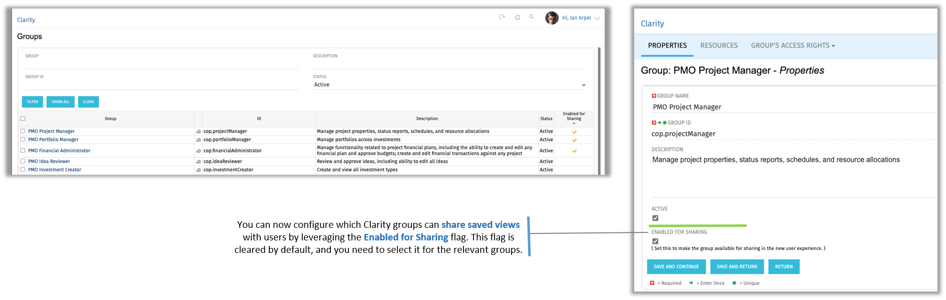 Clarity Release 16.2.3: Auswahl von Gruppen, die Ansichten teilen können